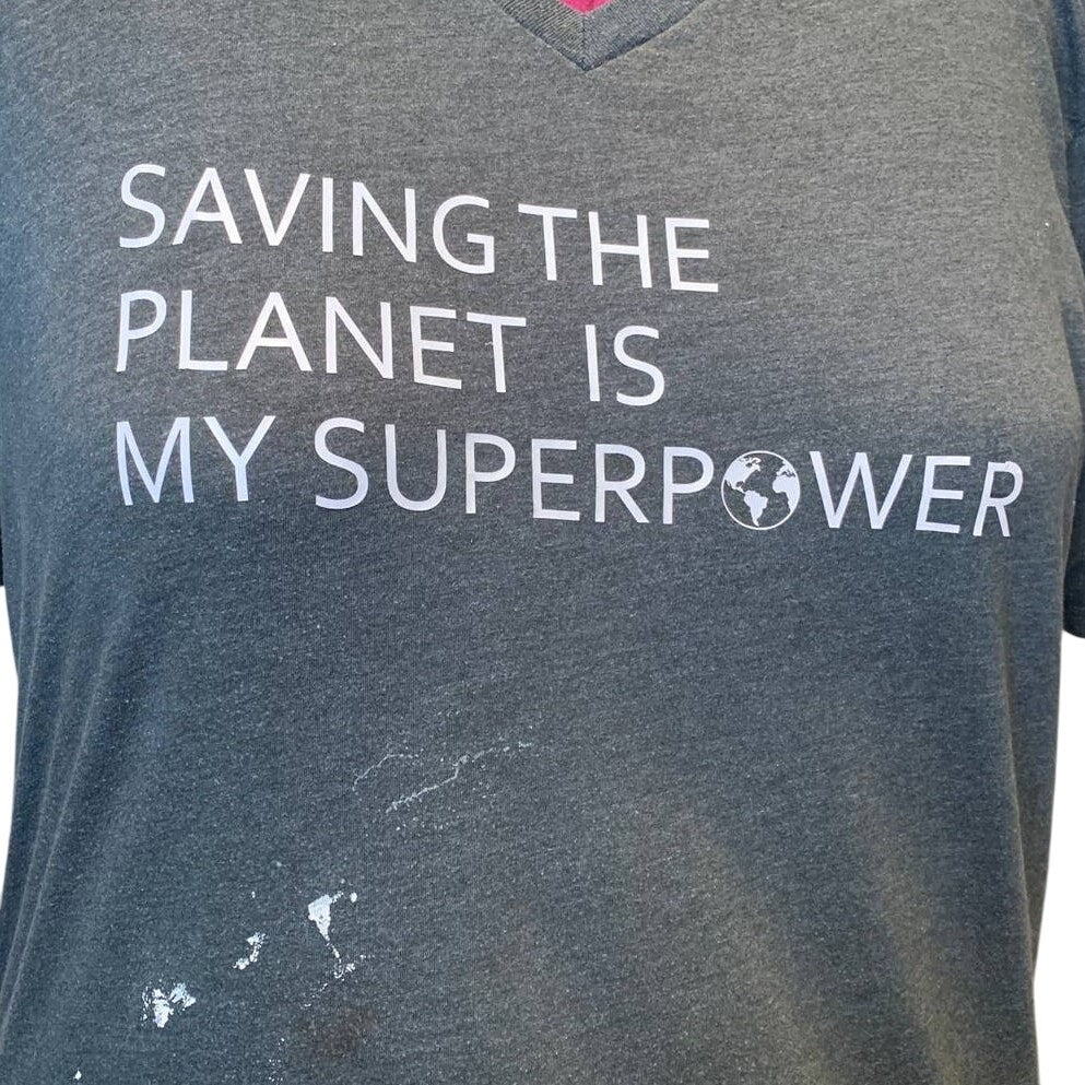 Hand Printed Upcycled Womens XXL Saving the Planet Superpower V-Neck Tee