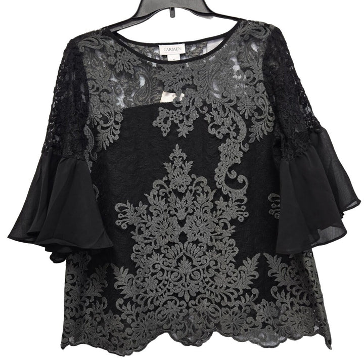 New Carmen Marc Valvo Womens Medium Nylon Lace Overlay Half Bell Sleeve Blouse