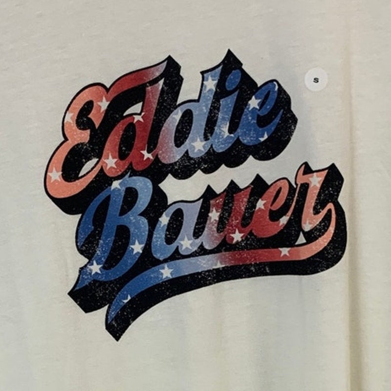 New Eddie Bauer Womens Small Ivory Red Blue Gradient Logo Graphic Tee Shirt