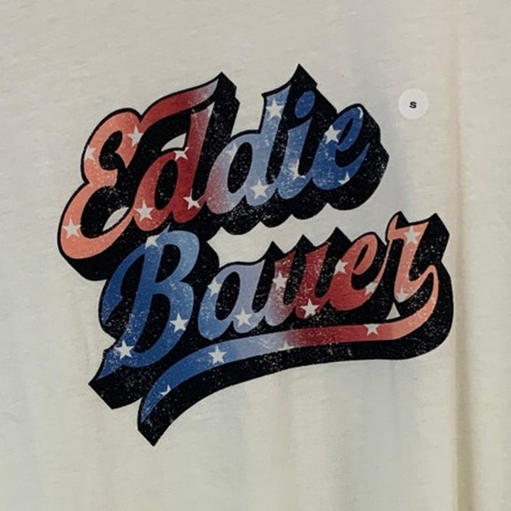 New Eddie Bauer Womens Small Ivory Red Blue Gradient Logo Graphic Tee Shirt