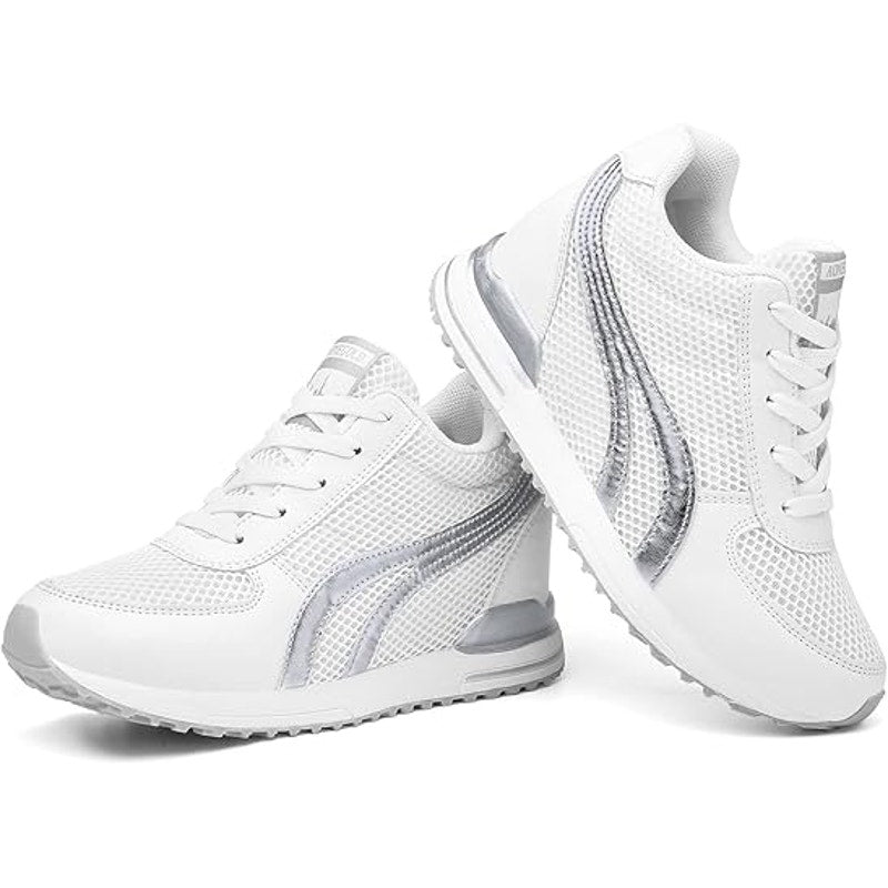 Aonegold Womens Size 6.5 White SIlver High Top Lace Up Hidden Heel Sneaker Shoes