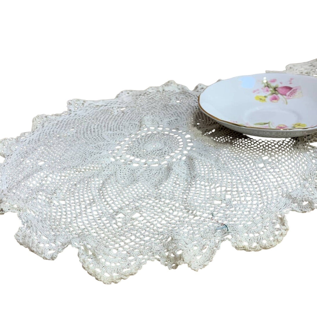 Vintage Royal Stuart Fine Bone China From England Floral Saucer w 2 Lace Doilies