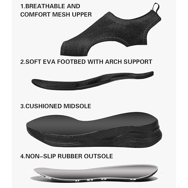 Womens Size 9.5 Black Mesh Arch Support Orthotic Comfortable Slip On Sandals