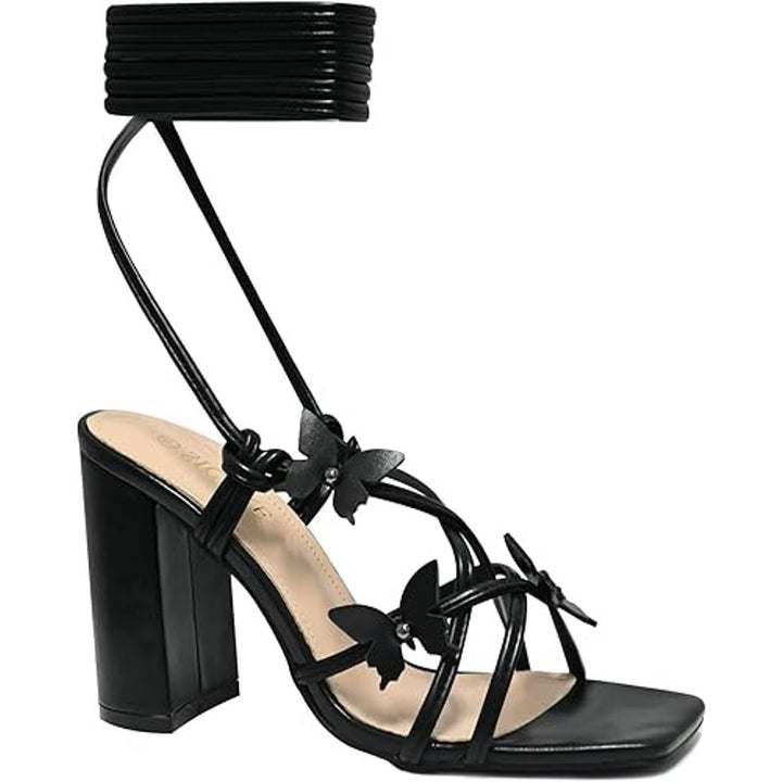 Sicare Womens 6 Black Butterfly Strappy 4" Block Heel Open Toe Ankle Wrap Shoes