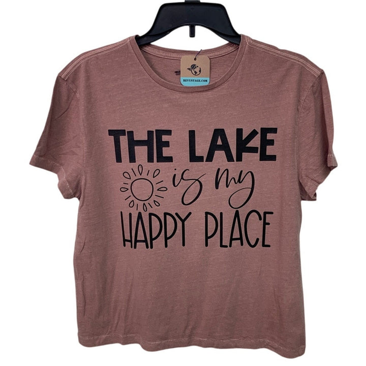 New Upcycled Hand Printed Womens Medium Lake Is My Happy Place Crew Neck Tee
