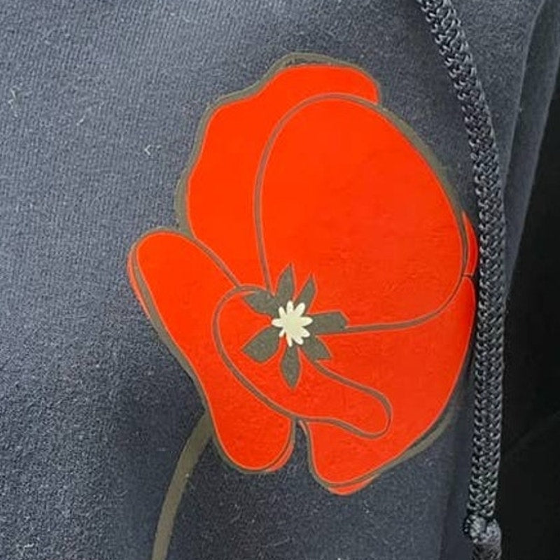 Hand Printed Upcycled Navy XL Red Poppy Flower Full Zip Hoodie Sweatshirt Jacket