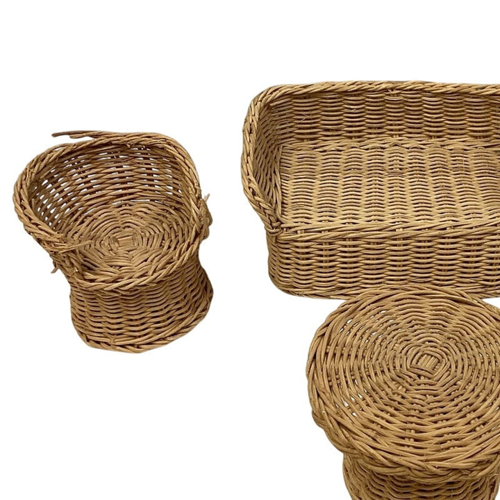 4 Piece Vintage Rattan Doll House Chairs Table Couch Stuffed Bear Furniture Set