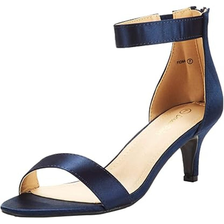 Dream Pairs Womens Size 7.5 Navy Blue Satin Open Toe Ankle Strap 2.5" Heel Shoes