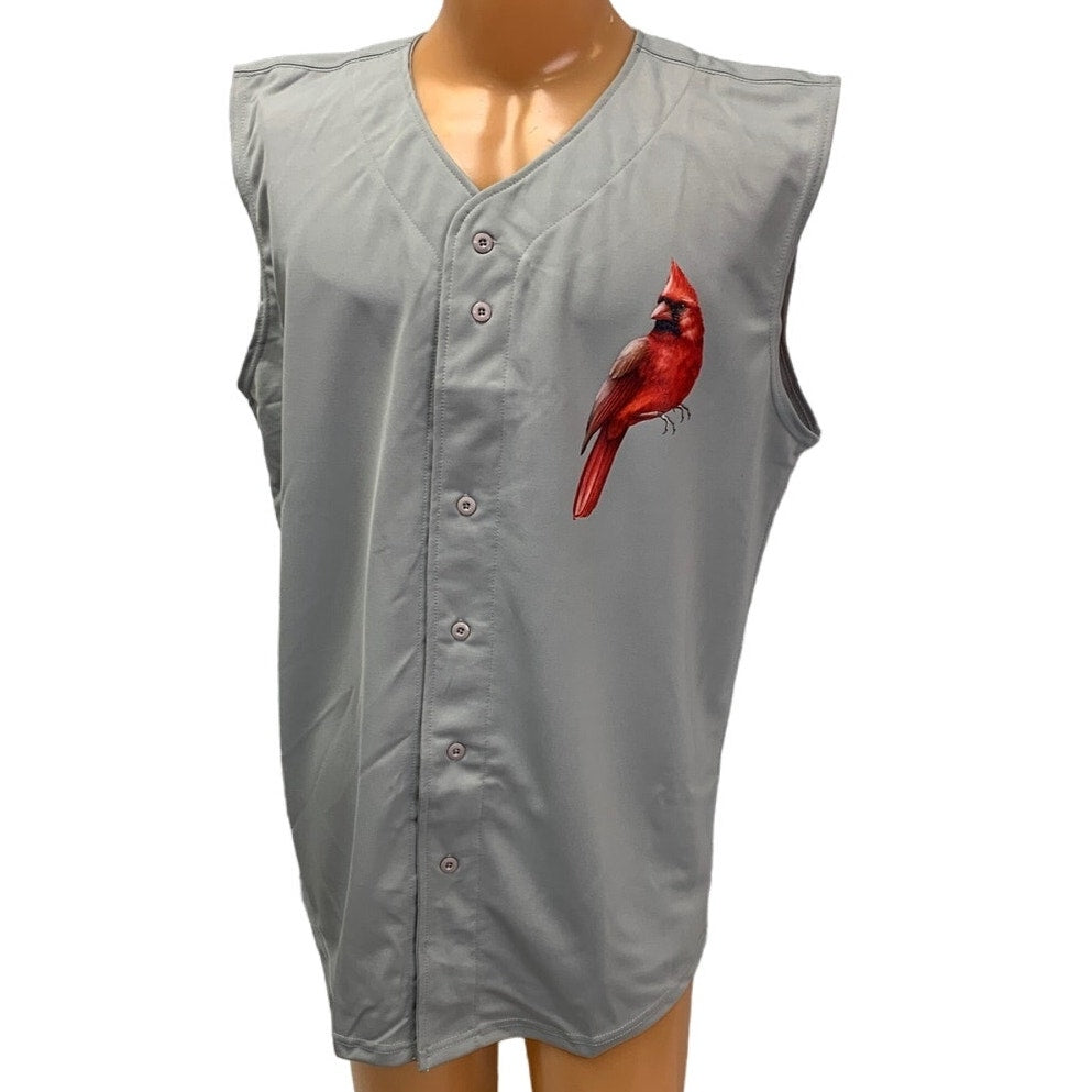 New Tag Team Mens Large Hand Printed Cardinal Bird Button Down Sleeveless Jersey