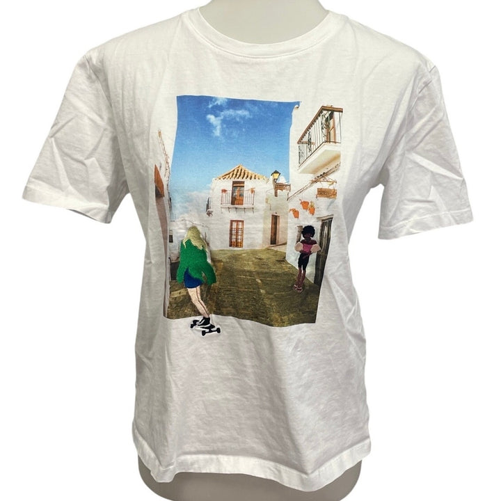 Zara Womens Medium Spanish Village Street Short Sleeve 100% Cotton Tee
