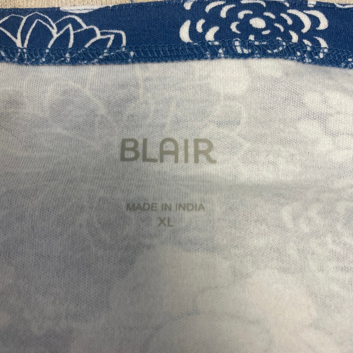 Blair Womens XL Blue White Floral Short Sleeve Cotton Blend Long Tee Shirt Tunic