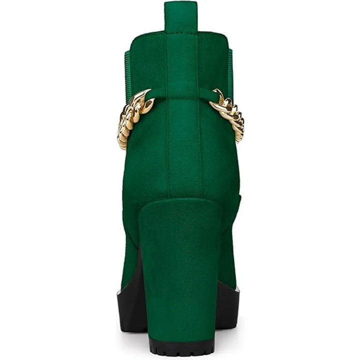 Allegra K Womens Size 7 Green 4" Heel Boots Round Toe Gold Ankle Chain Shoes