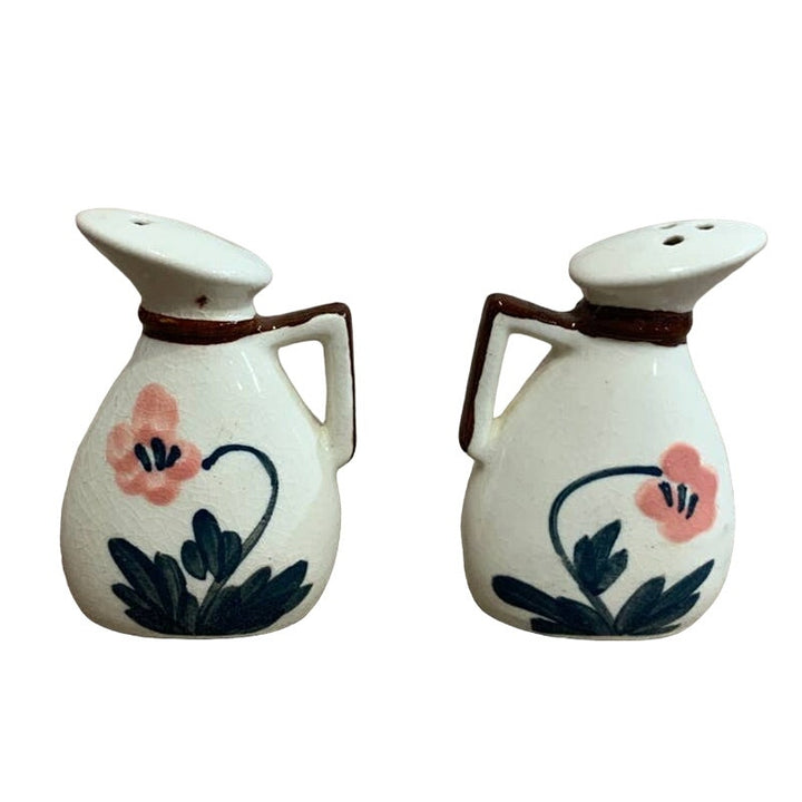 Vintage Japan Dainty Handpainted Ceramic Floral Pitcher Salt Pepper Shaker Set