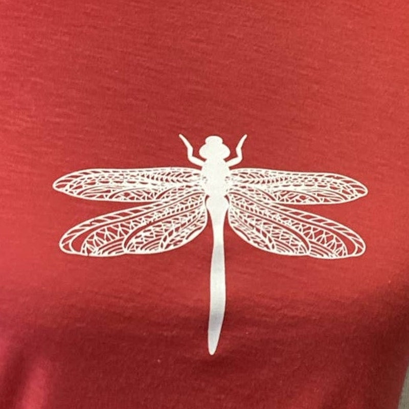 Hand Printed Upcycled Small Dragonfly Crew Neck PolyCotton Long Sleeve Tee Shirt