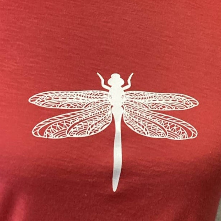 Hand Printed Upcycled Small Dragonfly Crew Neck PolyCotton Long Sleeve Tee Shirt