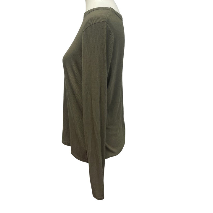 So Womens Olive Green Large Long Sleeve Stretchy Ribbed Rayon Spandex Top