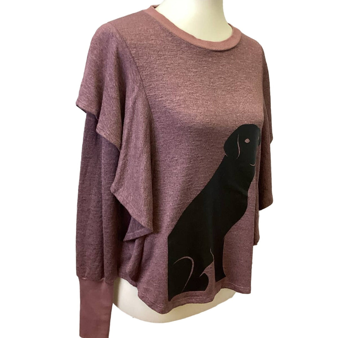 Hand Printed Upcycled Medium Black Lab Dog Puppy Long Sleeve Ruffled Sweater