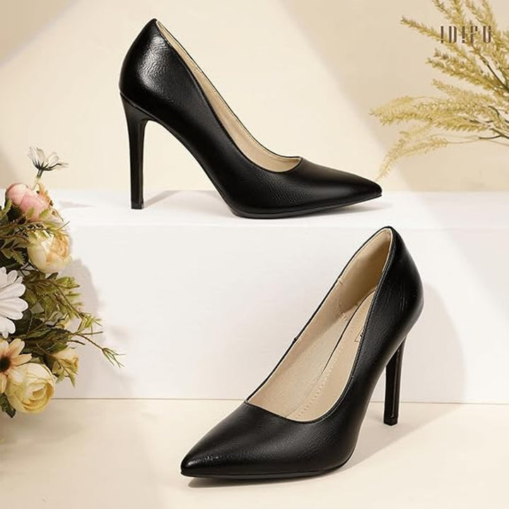 IDIFU Womens Size 8 Black Faux Leather 4" Heel Slide On Pointy Closed Toe Shoes