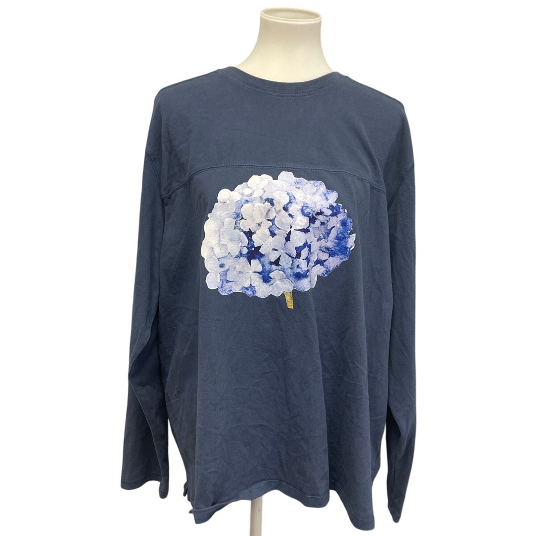 Hand Printed Upcycled Mens XXL Hydrangea Floral Long Sleeve Tee Shirt
