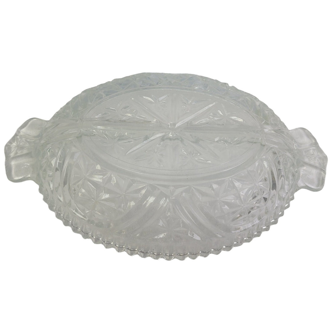 Vintage Crystal Cut Divided Two Section Scalloped Edge Relish Pickle Olive Dish