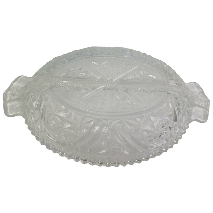Vintage Crystal Cut Divided Two Section Scalloped Edge Relish Pickle Olive Dish