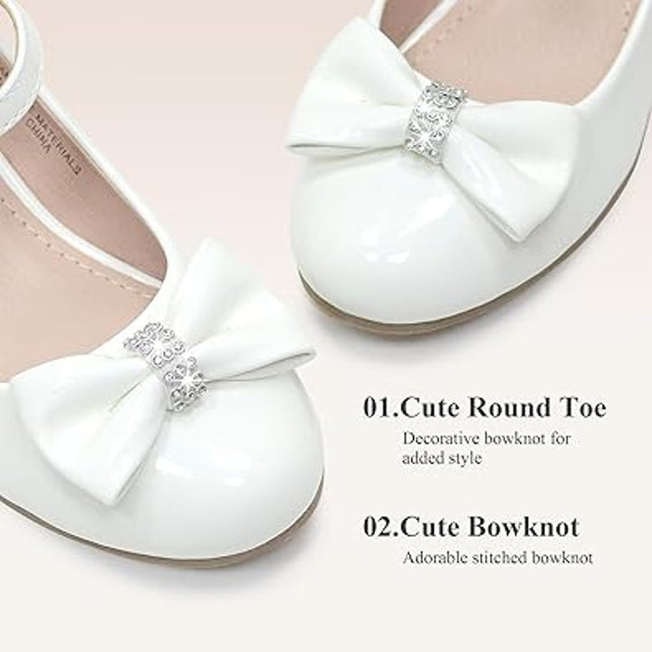 Girls Size 3 Flower Girl White Low Heel Rhinestone Bow Dress Wedding Shoes