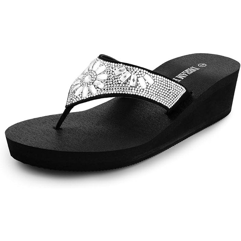 Dream Pairs Womens Size 7 Black Silver Rhinestone Platform Flip Flop Sandals