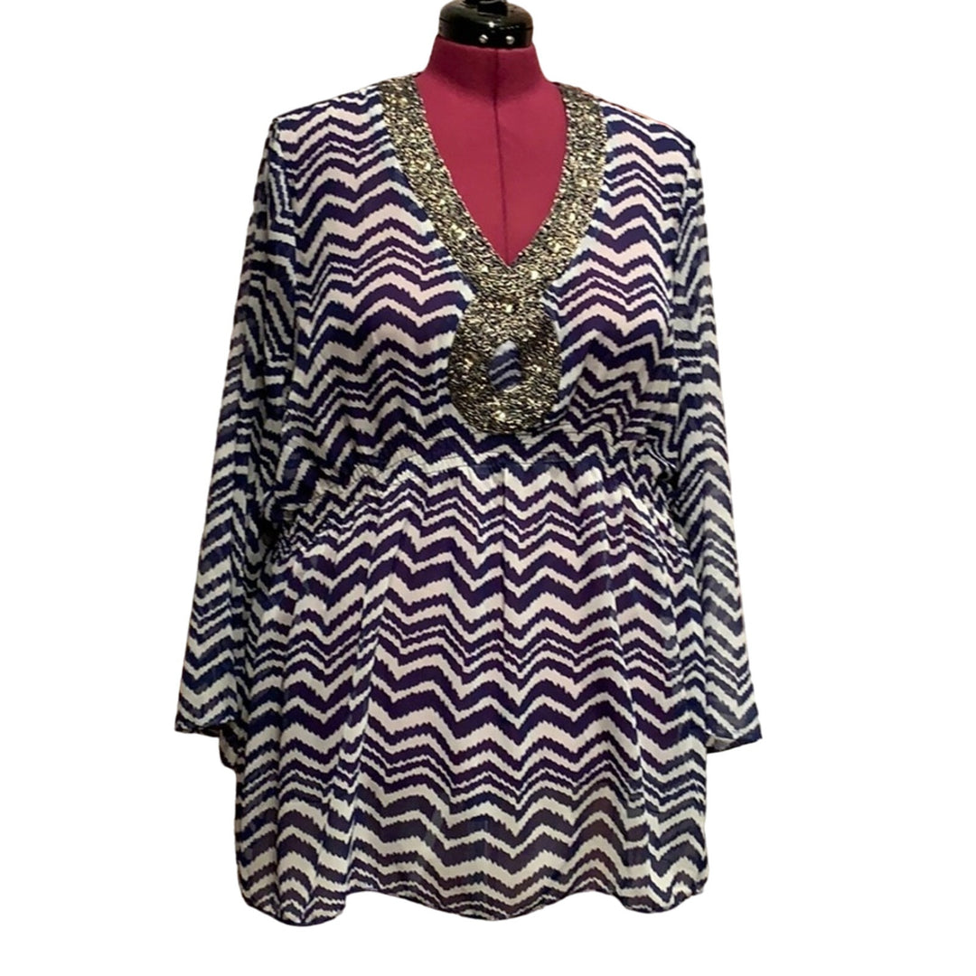 New Attitudes by Renee 3X Long Sleeve Beaded Sheer Flowy Polyester Top Blouse