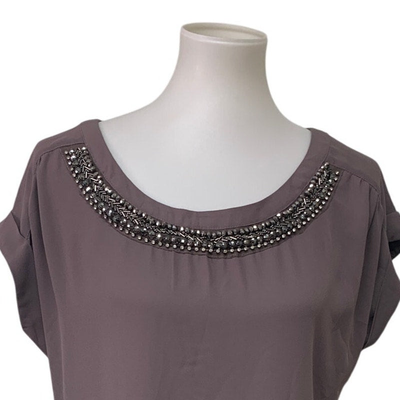Studio Y Womens Large 100% Polyester Short Sleeve Beaded Collar Blouse Top