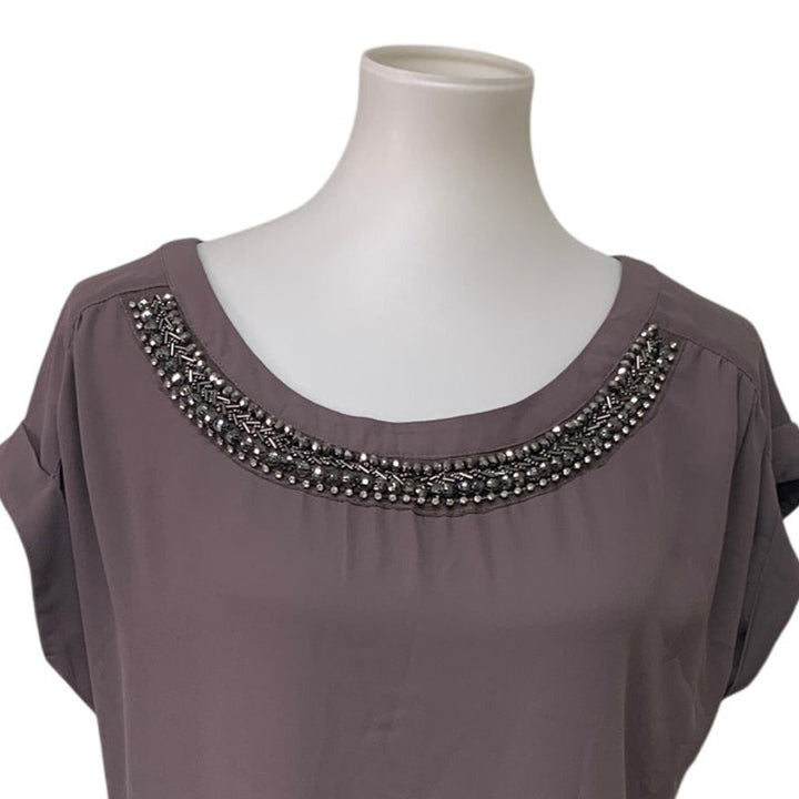 Studio Y Womens Large 100% Polyester Short Sleeve Beaded Collar Blouse Top