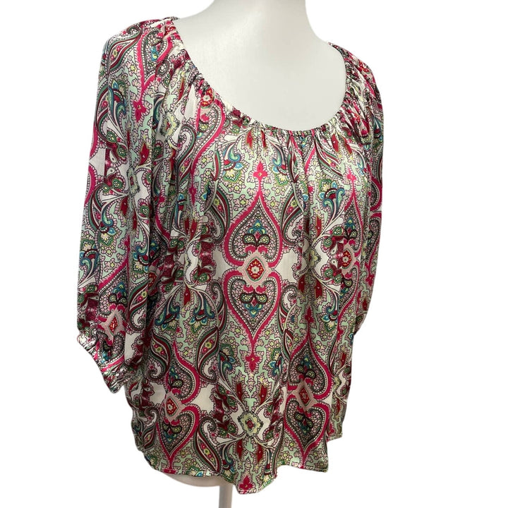 NY Collection Womens Medium Short Blouson Sleeve Paisley Polyester Blouse Top