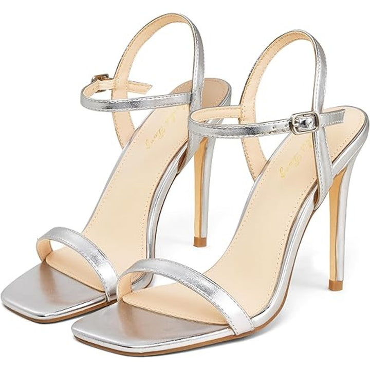 Elisabet Tang Womens Size 8 Shiny Silver 4" High Heel Ankle Strap Sandals Shoes