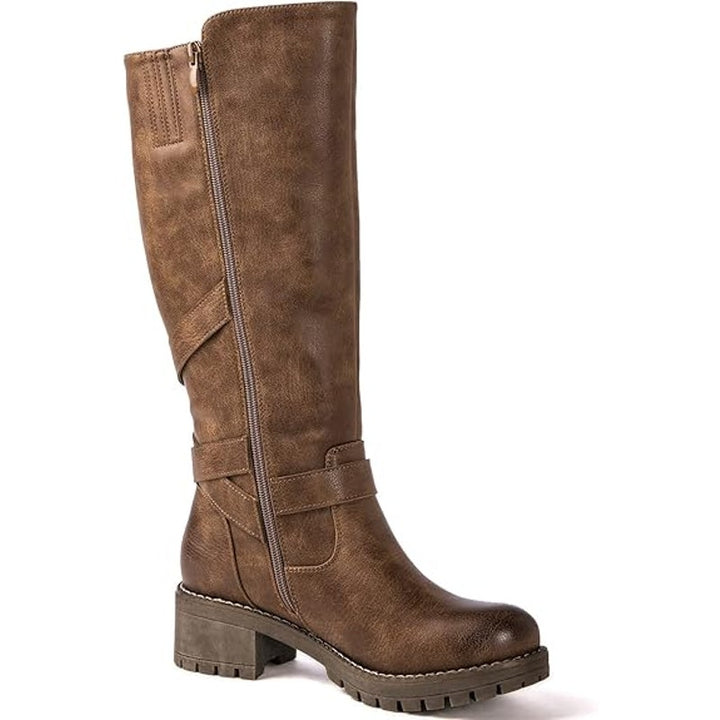 New Global Win Women Size 6.5 Brown Faux Leather Knee High Chunky Low Heel Boots