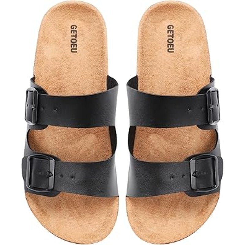 Getoeu Womens Size 6 Black Buckle Strap Cork Flat Casual Comfort Sandals Shoes