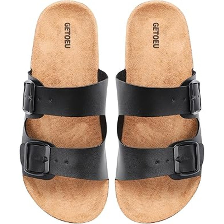 Getoeu Womens Size 6 Black Buckle Strap Cork Flat Casual Comfort Sandals Shoes