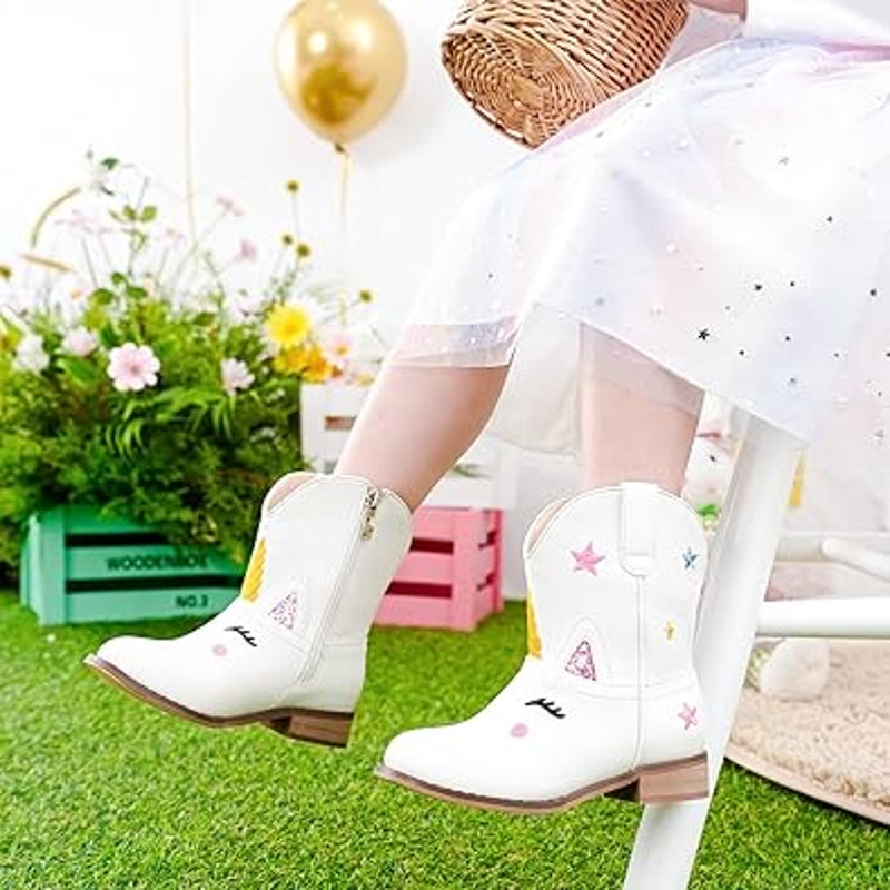 Parrosoo Toddler Girls 9 White Faux Leather Unicorn Cowgirl Cowboy Boot Shoes