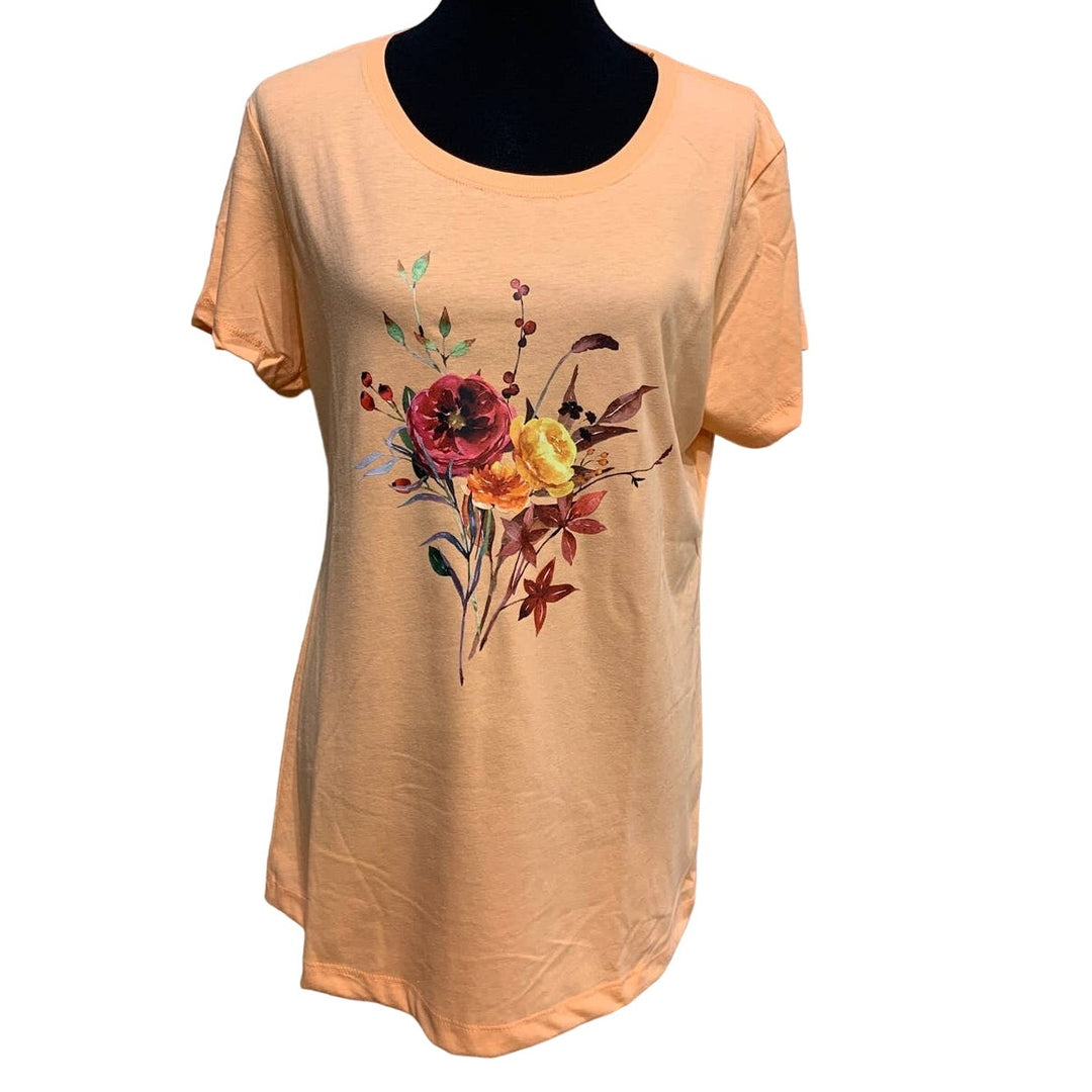 New Hand Printed XL Yellow Rose Flower Berry Bouquet PolyCotton Short Sleeve Tee