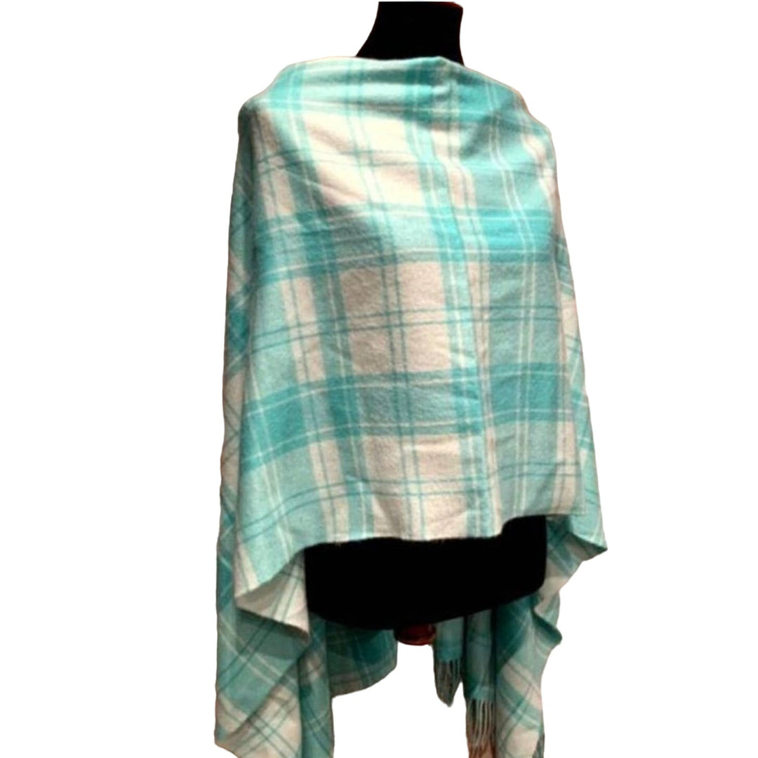 Handmade Upcycled 100% Acrylic Asymmetrical Warm Plaid Boat Neck Poncho Wrap