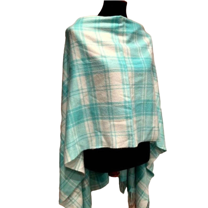 Handmade Upcycled 100% Acrylic Asymmetrical Warm Plaid Boat Neck Poncho Wrap