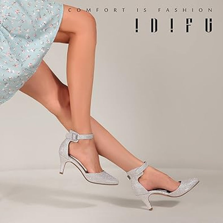 Idifu Womens 8 Silver Glitter 3" Kitten Heel Pointed Close Toe Ankle Strap Shoes