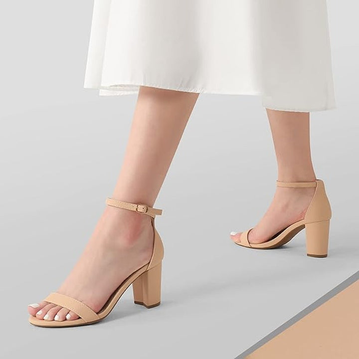 Dream Pairs Womens Size 5 Tan Nude Faux Leather 3" Chunky Heel Open Toe Shoes