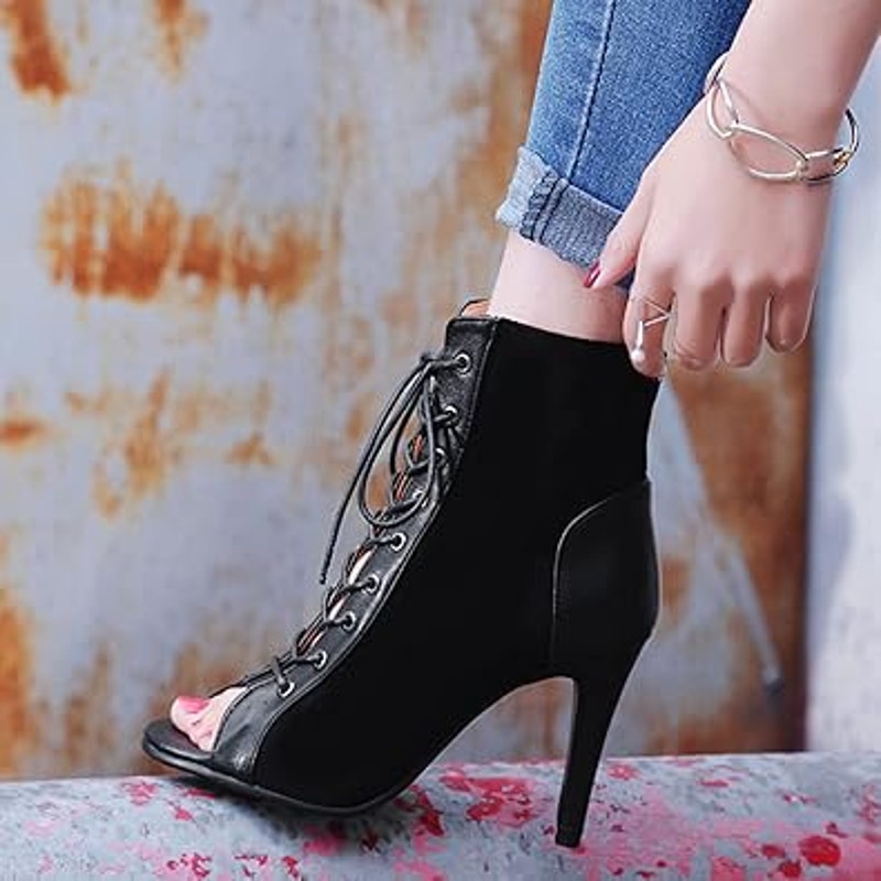 Roimaash Womens Size 9.5 Black Faux Suede Lace Up Peep Toe 4" Heel Boot Shoes