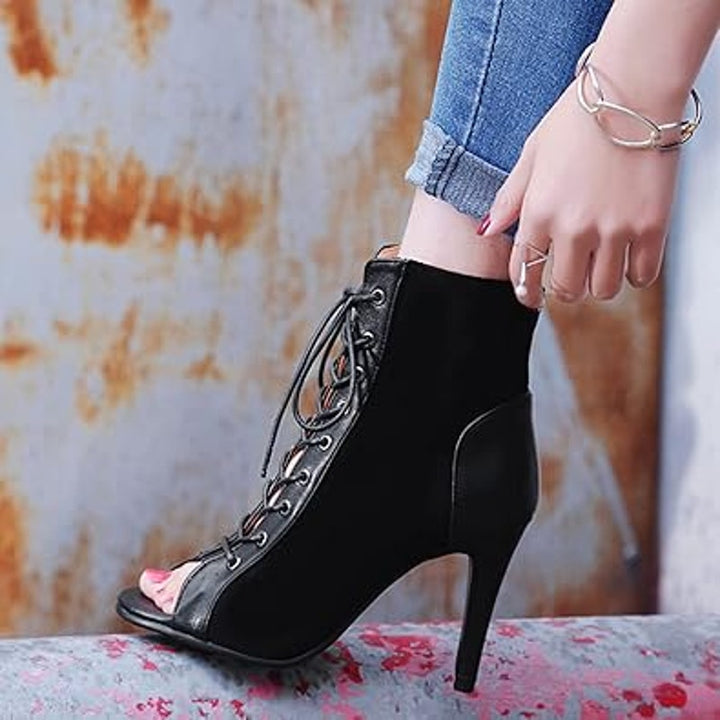 Roimaash Womens Size 9.5 Black Faux Suede Lace Up Peep Toe 4" Heel Boot Shoes