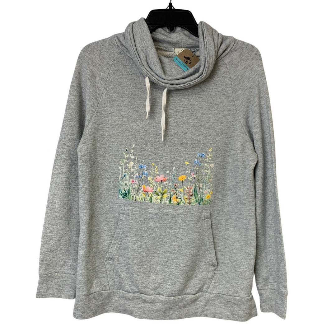 Upcycled Hand Printed Womens Medium Gray Spring Floral Long Sleeve Sweatshirt