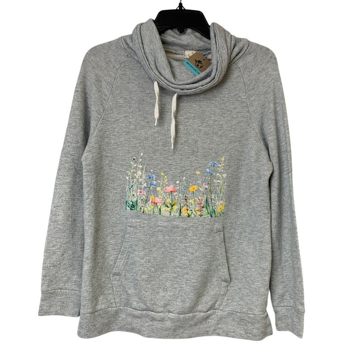Upcycled Hand Printed Womens Medium Gray Spring Floral Long Sleeve Sweatshirt