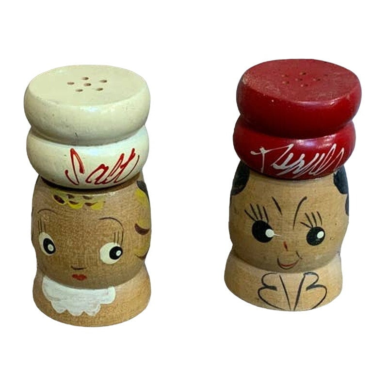 Vintage Wooden Hand Painted Ladies Made in Japan Salt Pepper Shaker Set