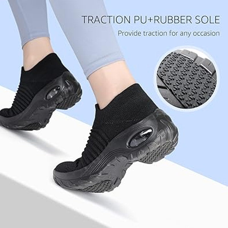 HKR Womens Size 7.5 Black Fabric Arch Support Non Slip Knit Upper Comfort Shoes