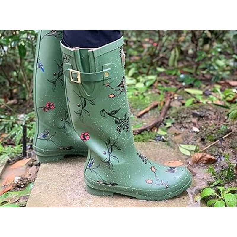 Rongee Womens Size 9 Green Bird Flower Buckle Waterproof Garden Rain Boots