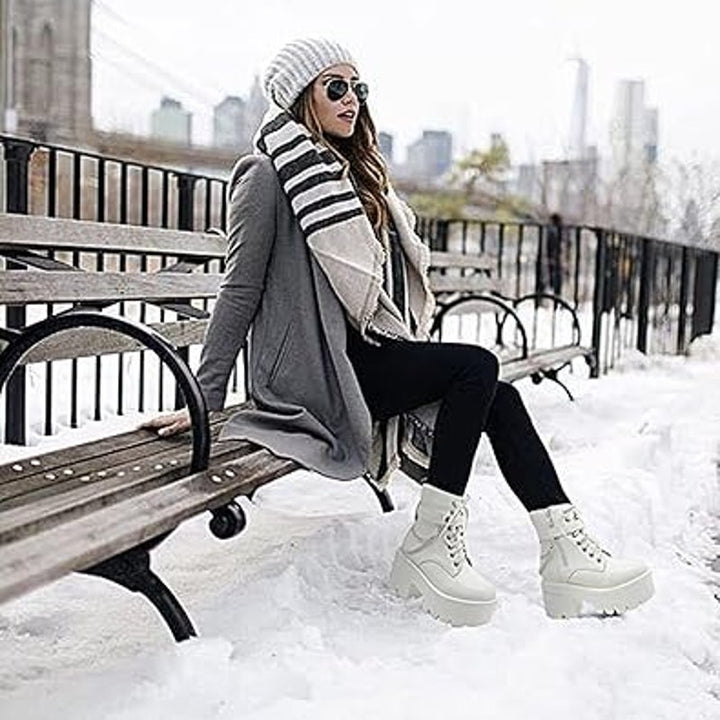 Cynllio Womens 8 White Faux Leather 3.5" Block Heel Platform Combat Ankle Boots
