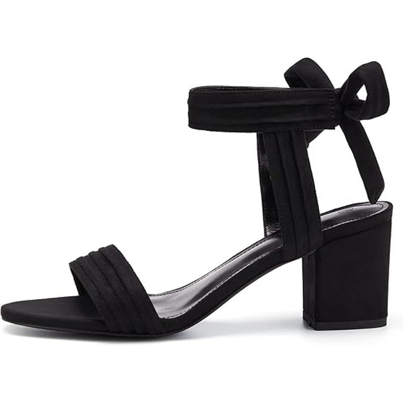 Coutgo Womens 9 Black Faux Suede Open Toe Ankle Tie Back 3" Block Heels Shoes